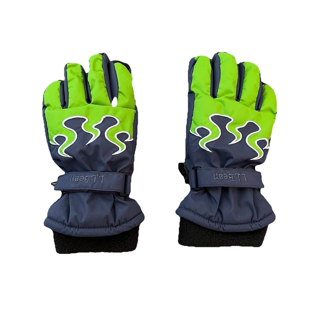 LL Bean Kids Winter Gloves Large Thinsulate Insulation Fleece Lined Gray Green